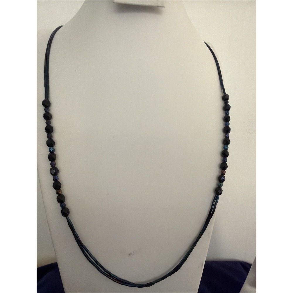 Vintage LC Necklace 2 Strands Carnival Glass Iridescent Green Blue 34"bead